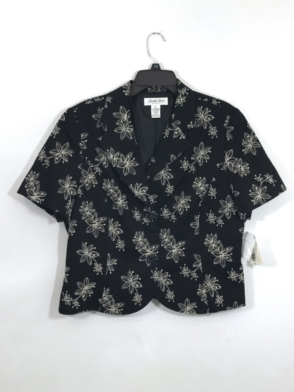 Embroidered Floral Blazer Jacket Collared 2 Button Black Sz M, Judith Hart